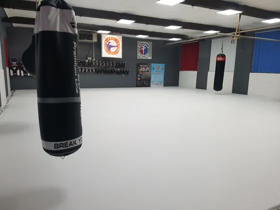 Black and red vinyl floor covering.